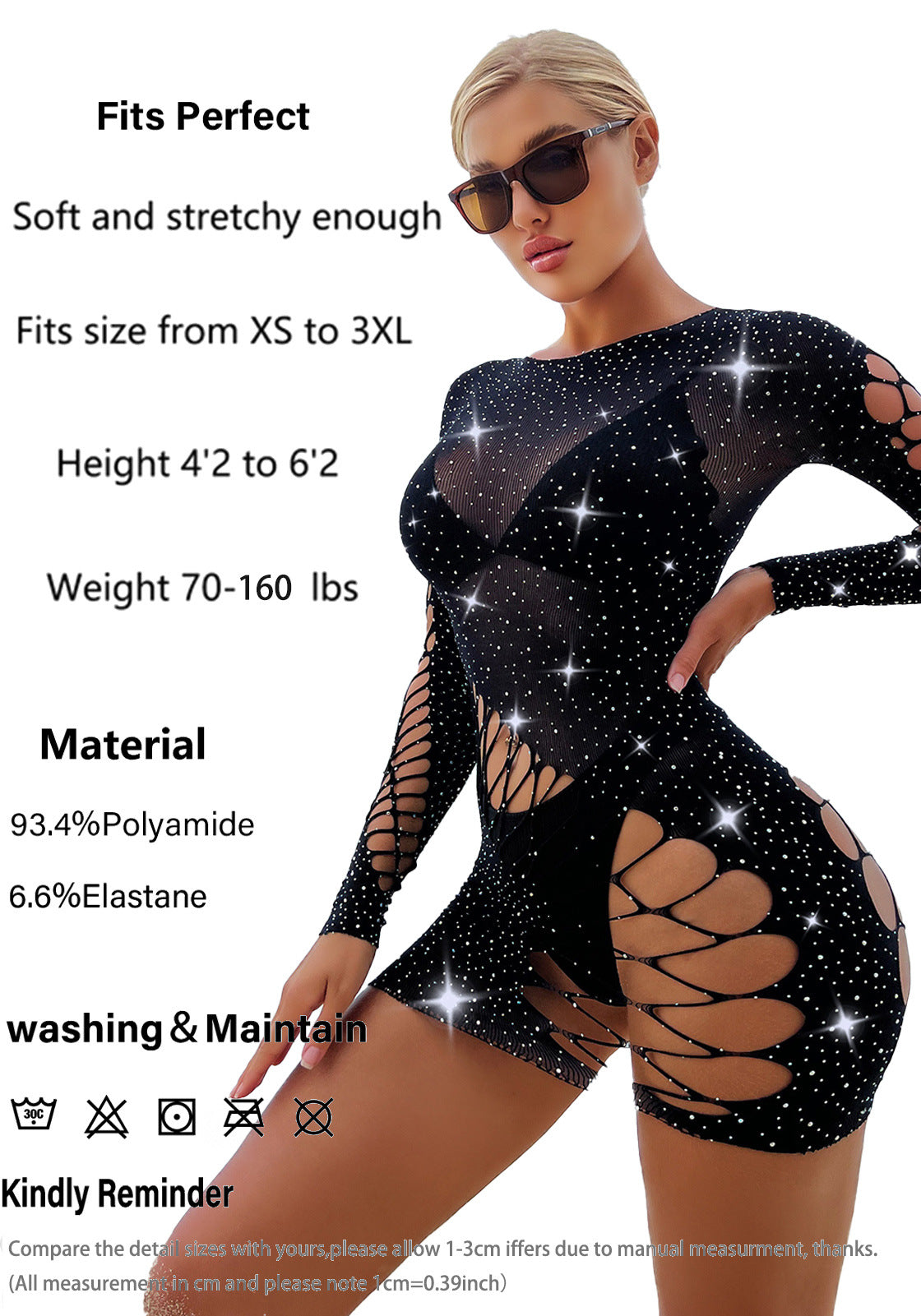 Sexy Long-Sleeve Rhinestone-Embellished Bodycon Skirt