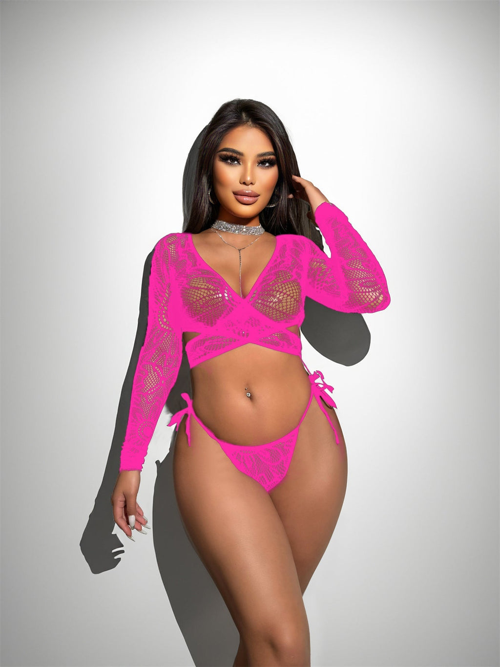 Backless Cross-Tie Straps Long-Sleeve Bikini Set
