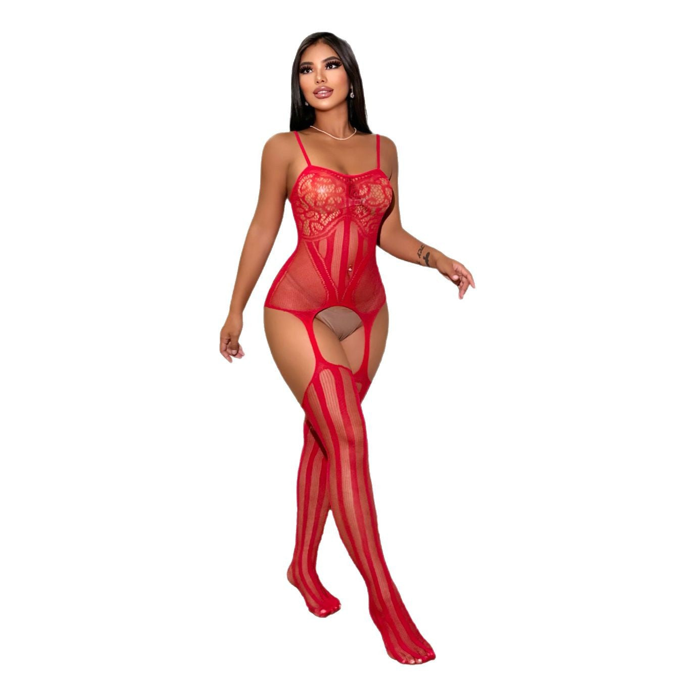 Red crotchless lace lingerie
