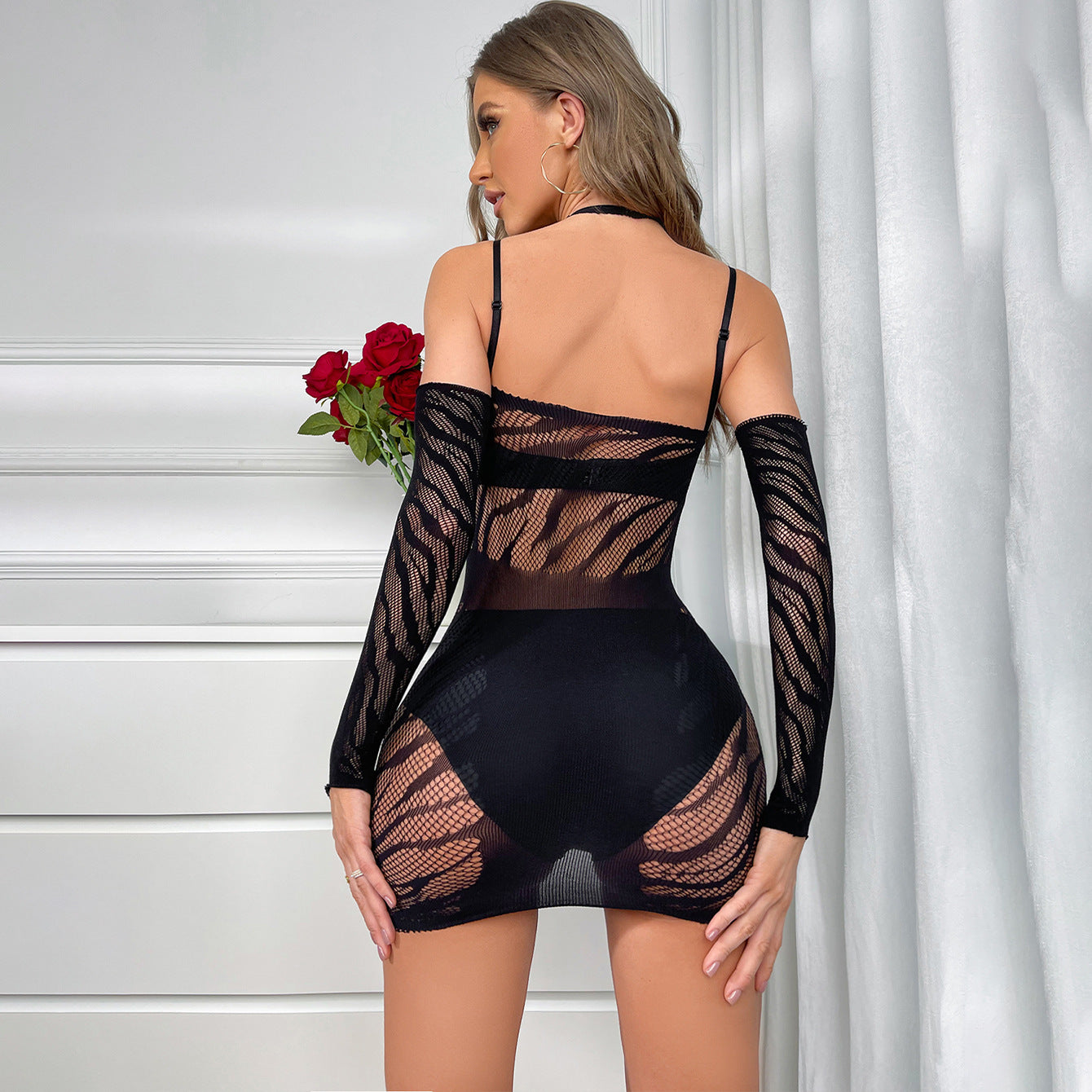 Zebra-striped lace lingerie set with gloves