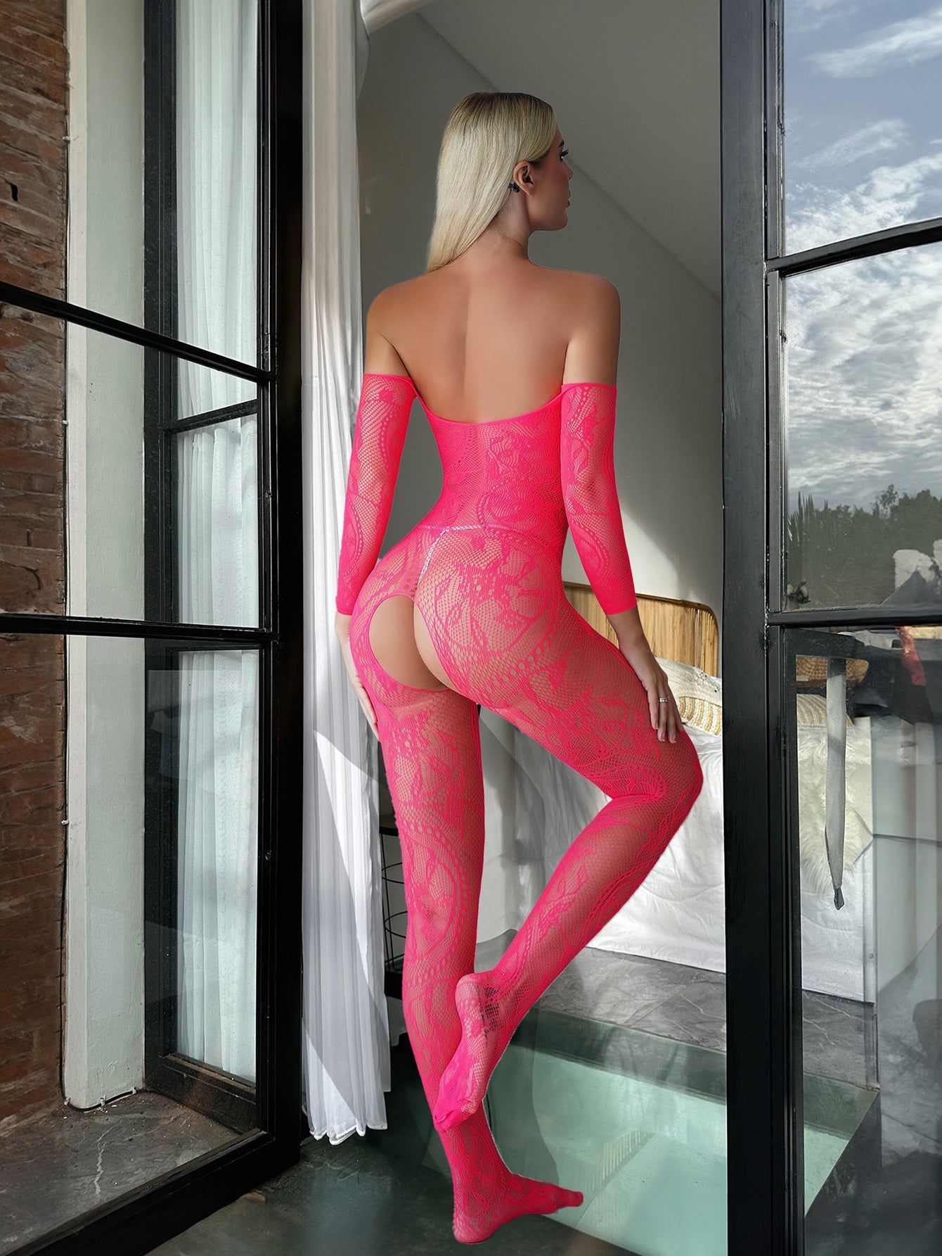 Sexy Open-Crotch Jacquard Bodysuit