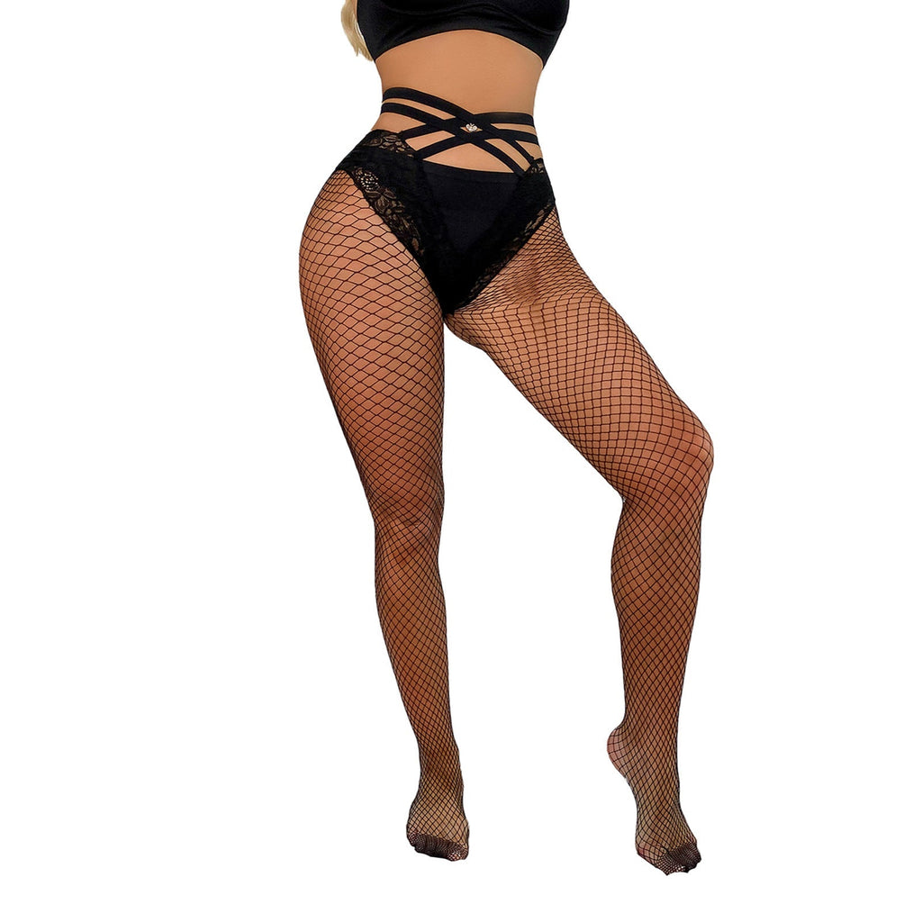 Lace-patterned crotchless pantyhose