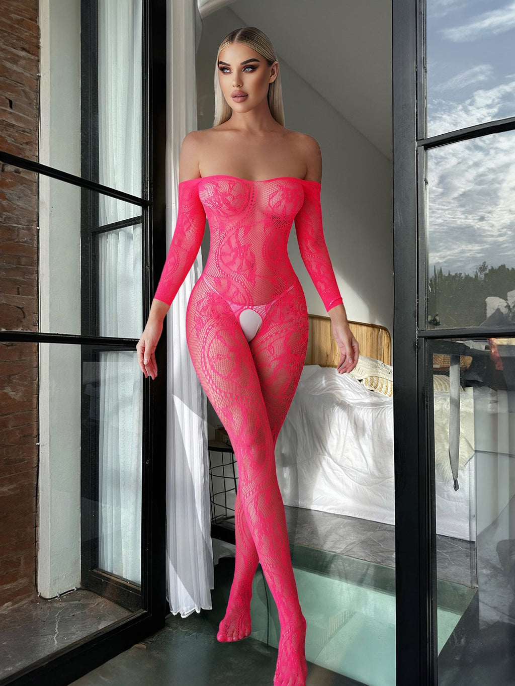 Sexy Open-Crotch Jacquard Bodysuit