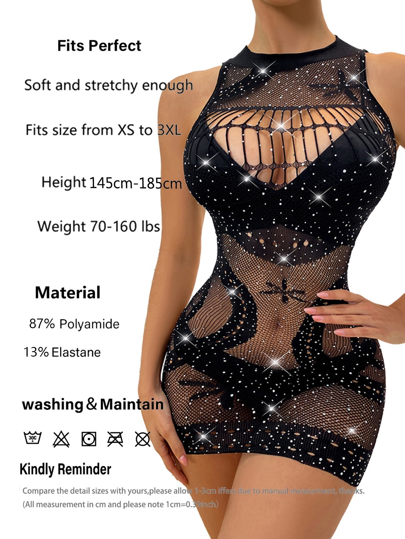 Plus-Size High-Cut Bodysuit Dress with Bright Diamond Fishnet Detailing
