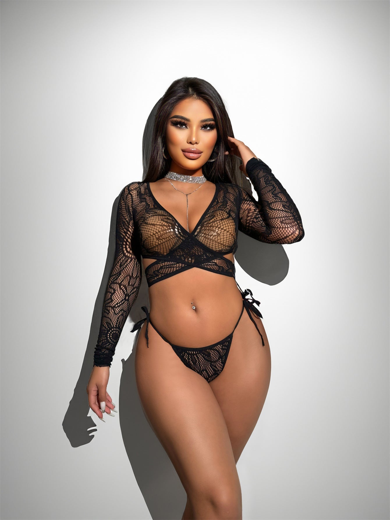 Backless Cross-Tie Straps Long-Sleeve Bikini Set