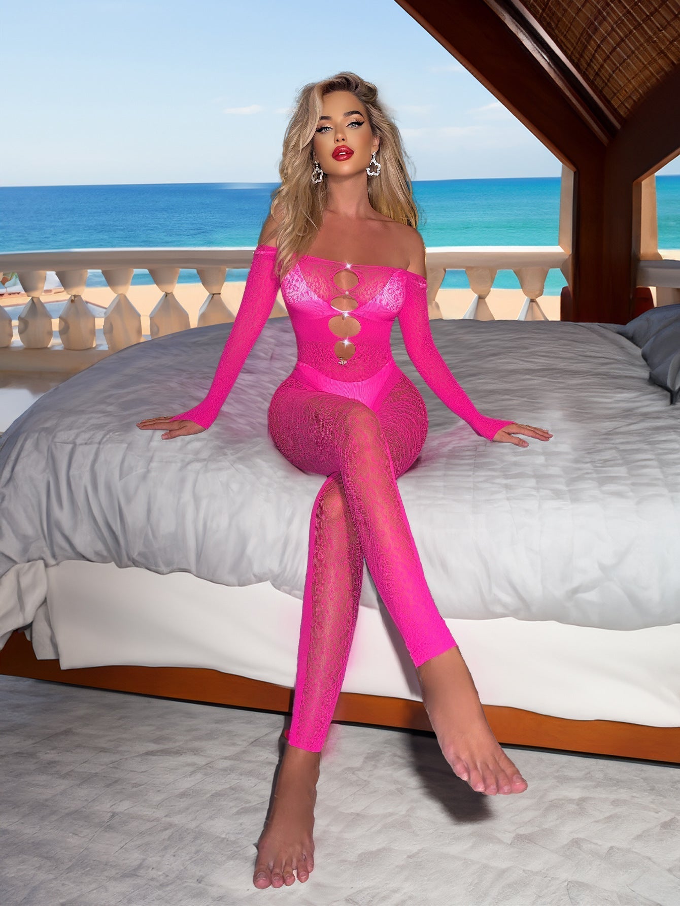 Sexy Open-Crotch Rhinestone-Studded Leopard Print Bodysuit Lingerie