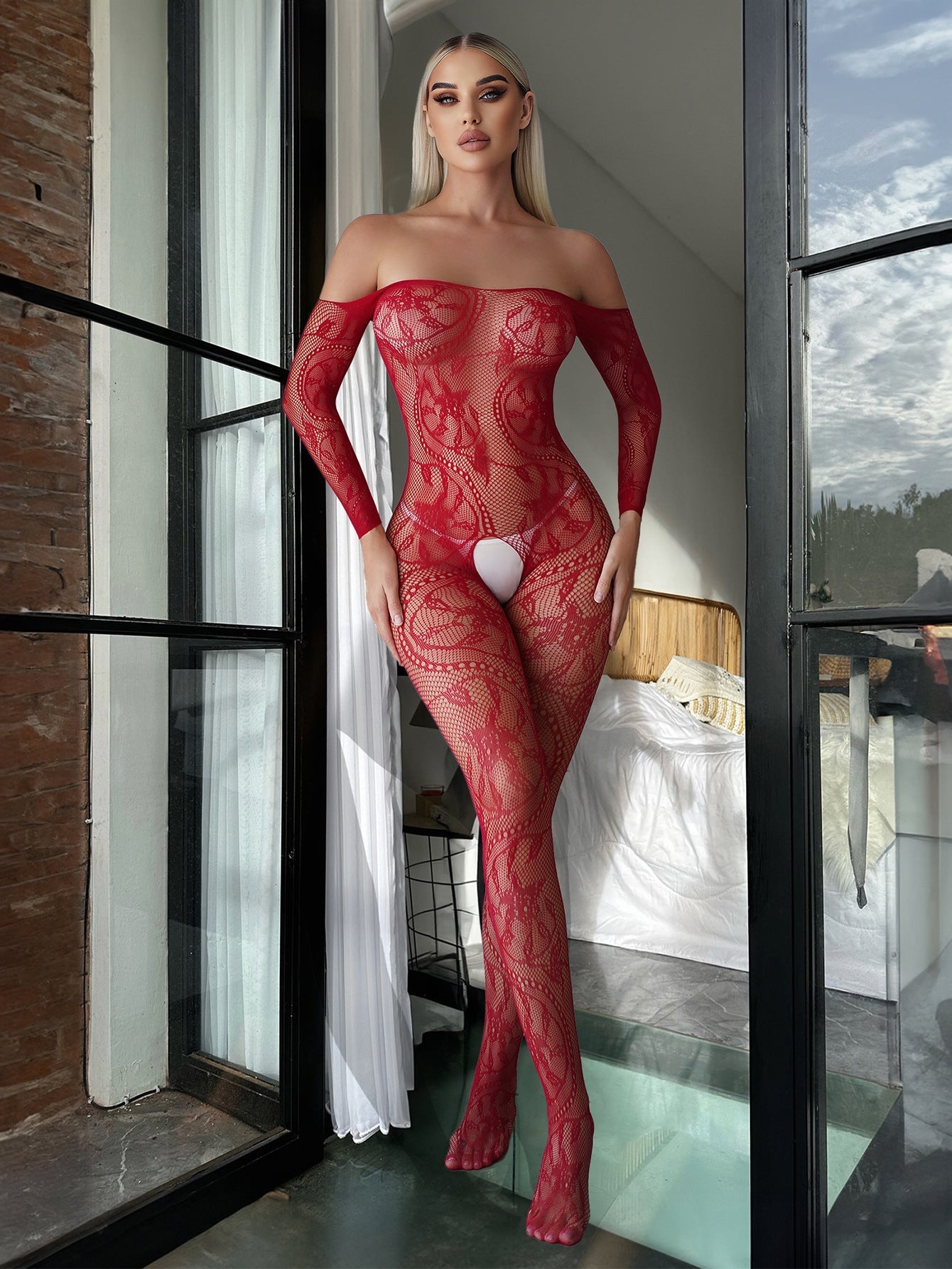 Sexy Open-Crotch Jacquard Bodysuit